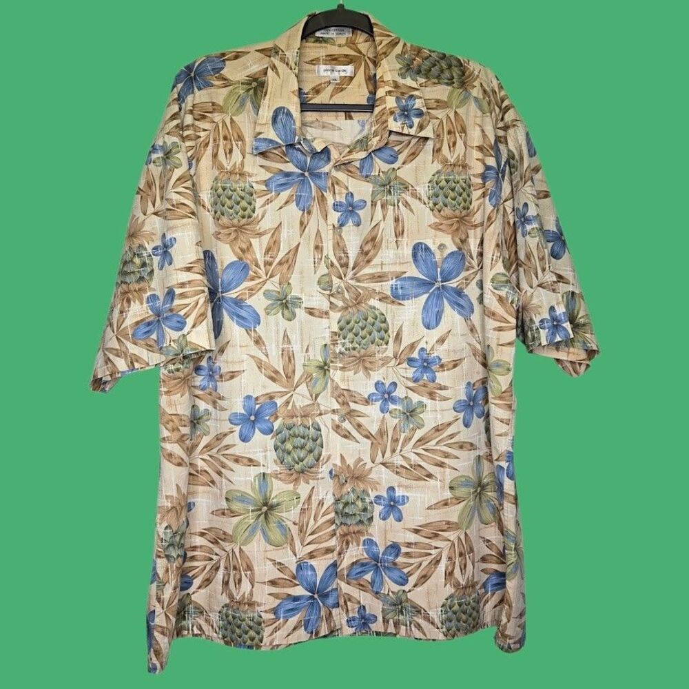 Pierre Cardin Men's XXL Vintage Hawaiian Floral Pineapple Button Summer Shirt